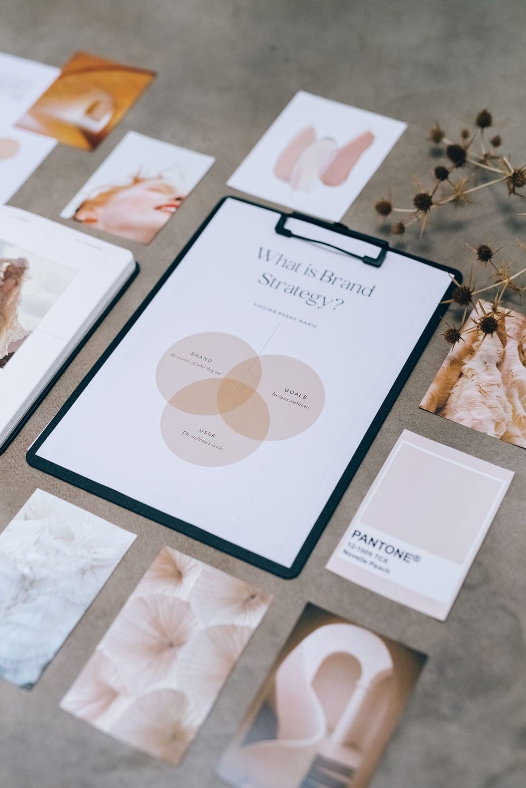 A brand strategy worksheet on a clipboard surrounded by a mood board
